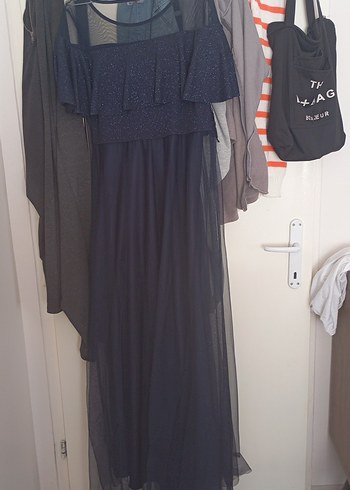 Uzun Lacivert Straplez Drapeli Kadın Elbise - Görsel 3