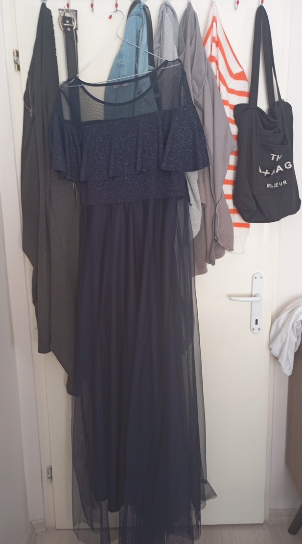 Uzun Lacivert Straplez Drapeli Kadın Elbise - Görsel 2