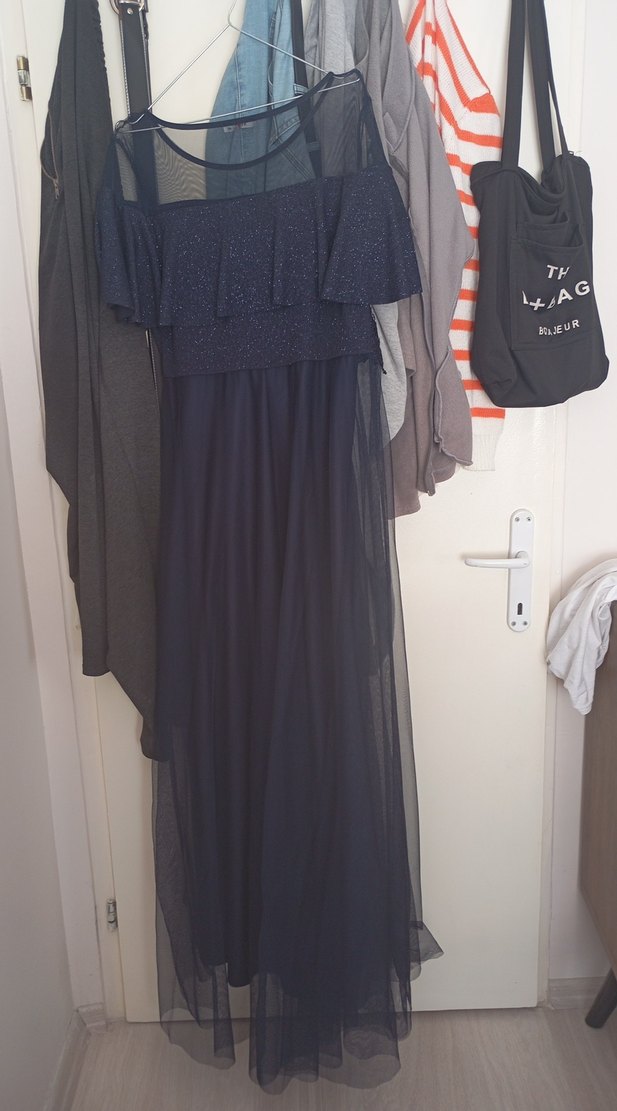 Uzun Lacivert Straplez Drapeli Kadın Elbise - Görsel 3