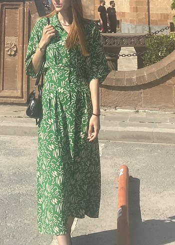 Yeşil V Yakalı Bohem Uzun Elbise