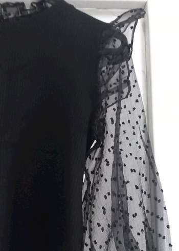 Siyah Uzun Kollu Fırfırlı Transparan Bluz - Görsel 2