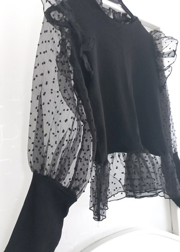 Siyah Uzun Kollu Fırfırlı Transparan Bluz - Görsel 3