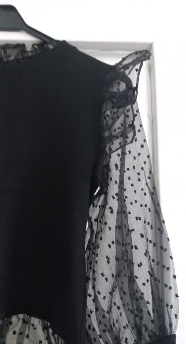 Siyah Uzun Kollu Fırfırlı Transparan Bluz - Görsel 2