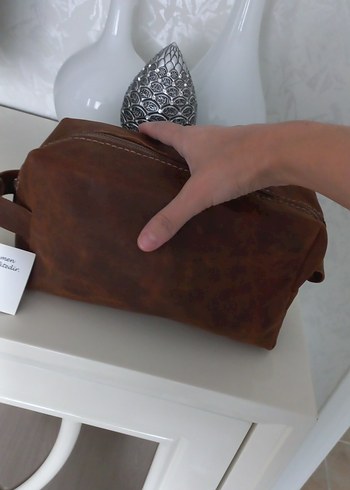 Kahverengi Deri Kadın Makyaj Çantası - Görsel 5