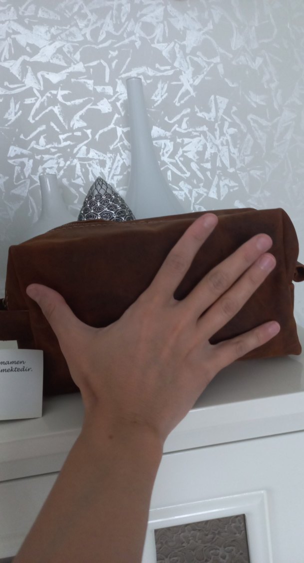 Kahverengi Deri Kadın Makyaj Çantası - Görsel 4