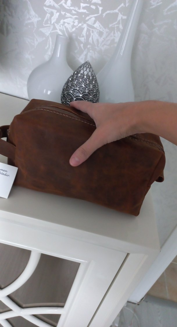 Kahverengi Deri Kadın Makyaj Çantası - Görsel 5