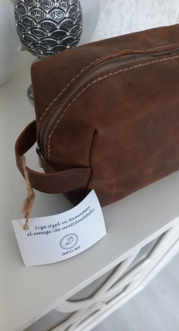 Kahverengi Deri Kadın Makyaj Çantası - Görsel 2