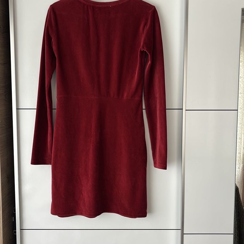 Bordo Kadın Kadife Uzun Kollu Elbise - Görsel 4