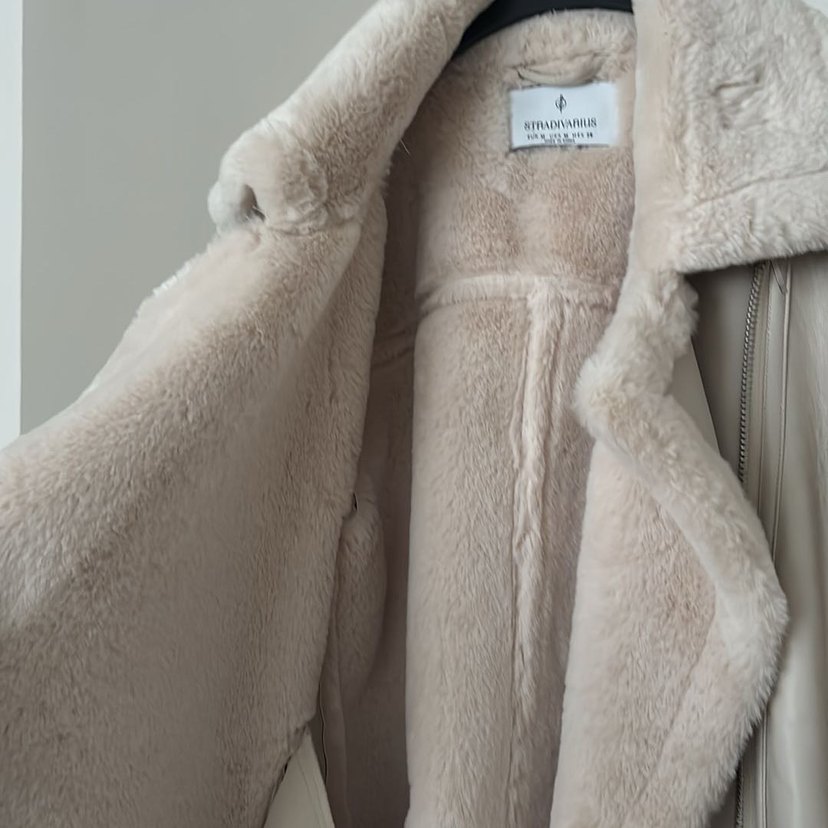Stradivarius Bej Deri Kadın Ceket Kürklü Yakalı - Görsel 4