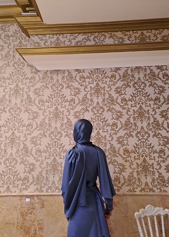 Nakışlı Uzun Kollu Mavi Drapeli Abiye Elbise - Görsel 8