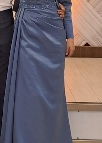 Nakışlı Uzun Kollu Mavi Drapeli Abiye Elbise - Görsel 7