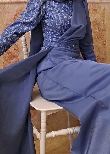 Nakışlı Uzun Kollu Mavi Drapeli Abiye Elbise - Görsel 6