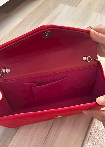 Diğer Zincir Detaylı Kırmızı Süet Vintage Kadın Clutch