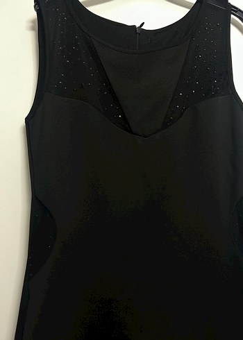 Siyah Parlak V Yaka Midi Elbise - Görsel 2