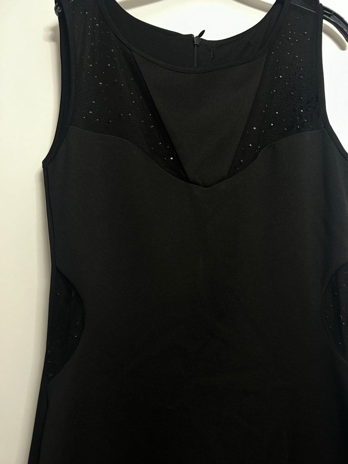 Siyah Parlak V Yaka Midi Elbise - Görsel 2