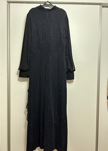 Siyah Drapeli Uzun Kadın simli Abiye Elbise - Görsel 2