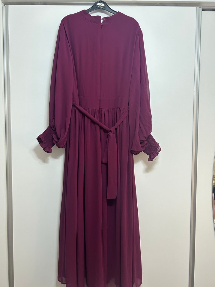 Bordo Uzun Kollu tül içi astarlı Kadın Elbise - Görsel 3