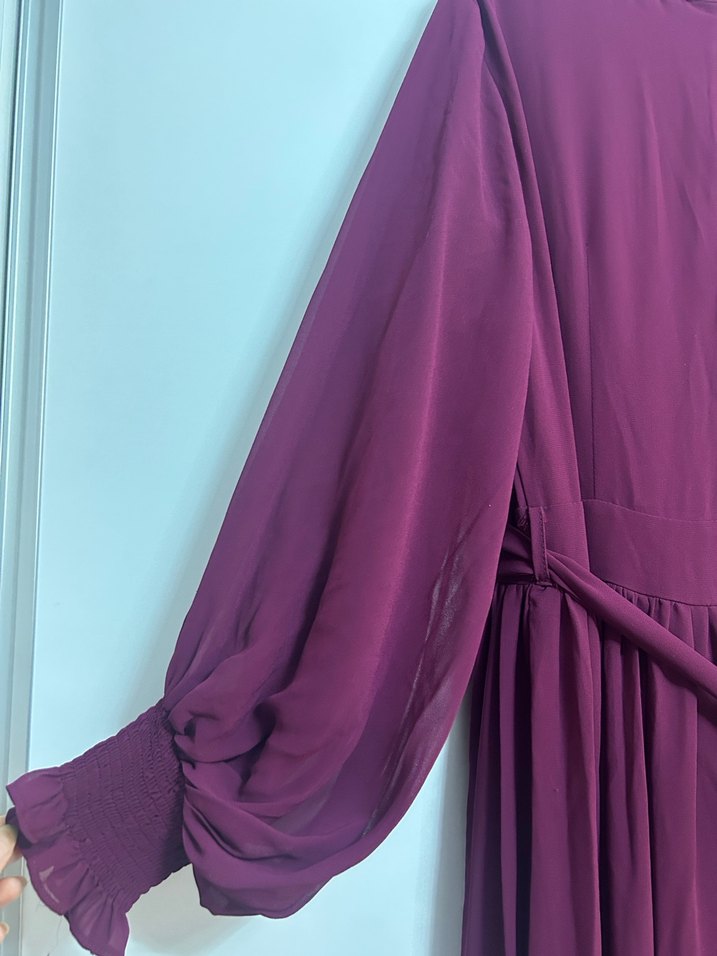 Bordo Uzun Kollu tül içi astarlı Kadın Elbise - Görsel 4