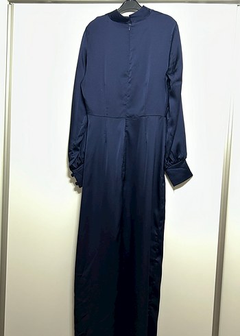 Uzun Lacivert Saten Elbise - Görsel 4