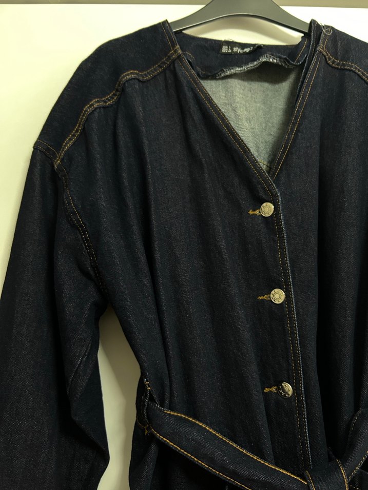 Kadın Kemerli Lacivert Denim Ceket - Görsel 2