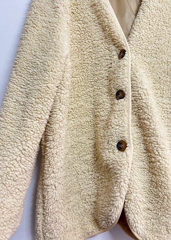 Düğmeli Bej Midi Kadın astarlı Peluş Ceket - Görsel 4