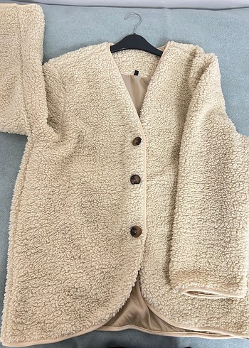 Düğmeli Bej Midi Kadın astarlı Peluş Ceket - Görsel 6