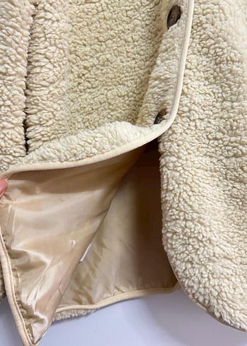 Düğmeli Bej Midi Kadın astarlı Peluş Ceket - Görsel 5