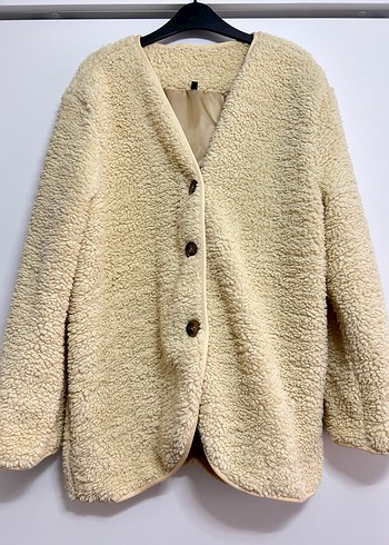 Düğmeli Bej Midi Kadın astarlı Peluş Ceket - Görsel 2