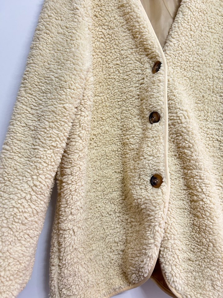 Düğmeli Bej Midi Kadın astarlı Peluş Ceket - Görsel 4