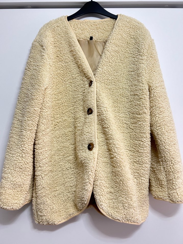 Düğmeli Bej Midi Kadın astarlı Peluş Ceket - Görsel 2