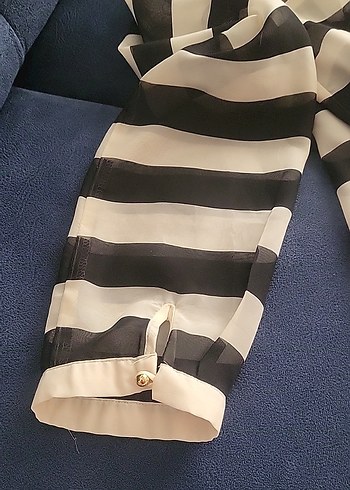 Bej ipekli siyah/ sari cizgili Uzun Kollu Kadın Gömlek. - Görsel 4