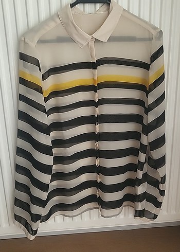 Bej ipekli siyah/ sari cizgili Uzun Kollu Kadın Gömlek. - Görsel 2