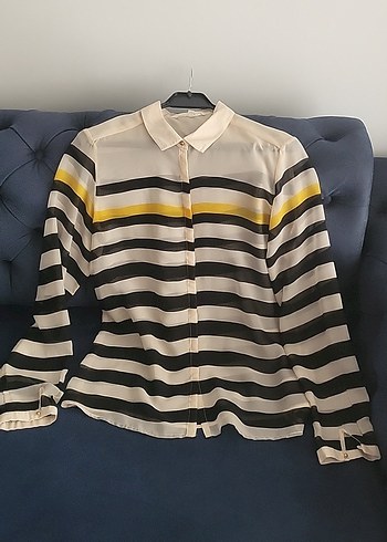 Bej ipekli siyah/ sari cizgili Uzun Kollu Kadın Gömlek. - Görsel 5