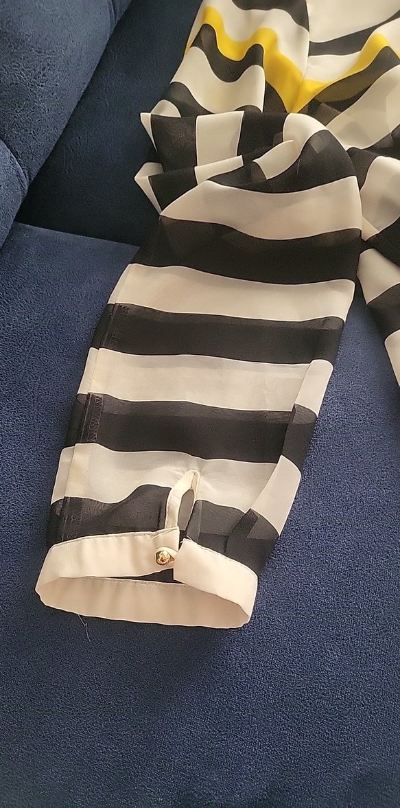 Bej ipekli siyah/ sari cizgili Uzun Kollu Kadın Gömlek. - Görsel 4