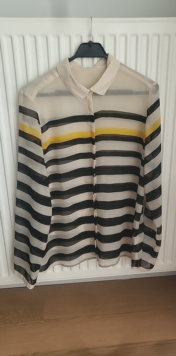 Bej ipekli siyah/ sari cizgili Uzun Kollu Kadın Gömlek. - Görsel 2