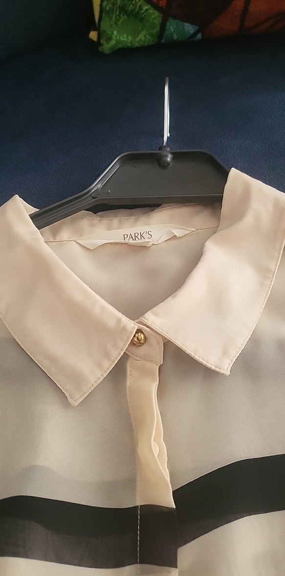 Bej ipekli siyah/ sari cizgili Uzun Kollu Kadın Gömlek. - Görsel 3