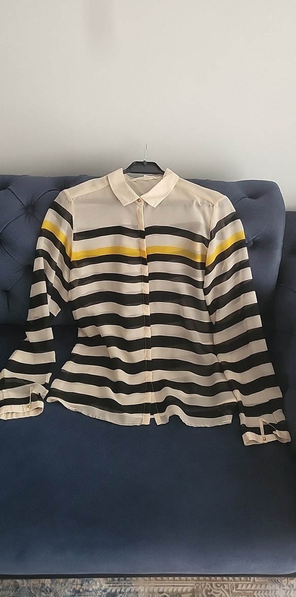 Bej ipekli siyah/ sari cizgili Uzun Kollu Kadın Gömlek. - Görsel 5