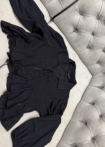 Siyah keten Kadın Bluz, önden bağcıklı, uzun kollu - Görsel 6