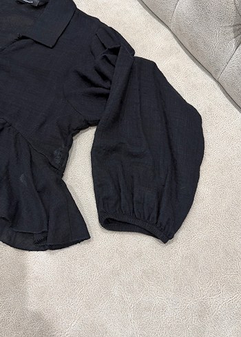 Siyah keten Kadın Bluz, önden bağcıklı, uzun kollu - Görsel 5