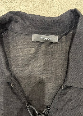 Siyah keten Kadın Bluz, önden bağcıklı, uzun kollu - Görsel 3