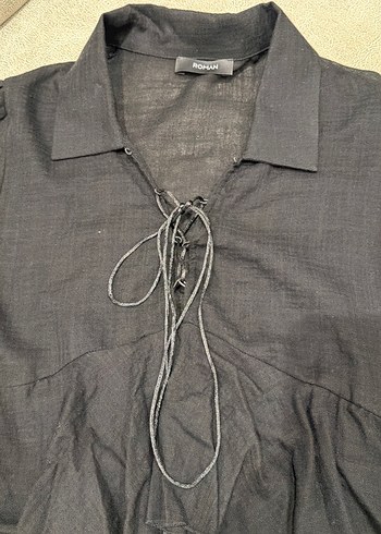 Siyah keten Kadın Bluz, önden bağcıklı, uzun kollu - Görsel 4