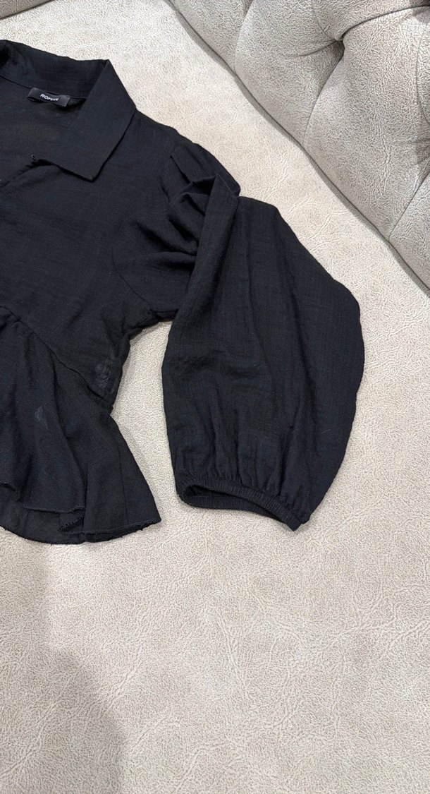 Siyah keten Kadın Bluz, önden bağcıklı, uzun kollu - Görsel 5