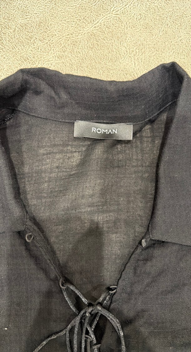 Siyah keten Kadın Bluz, önden bağcıklı, uzun kollu - Görsel 3