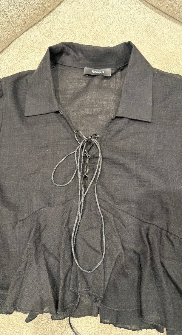 Siyah keten Kadın Bluz, önden bağcıklı, uzun kollu - Görsel 4