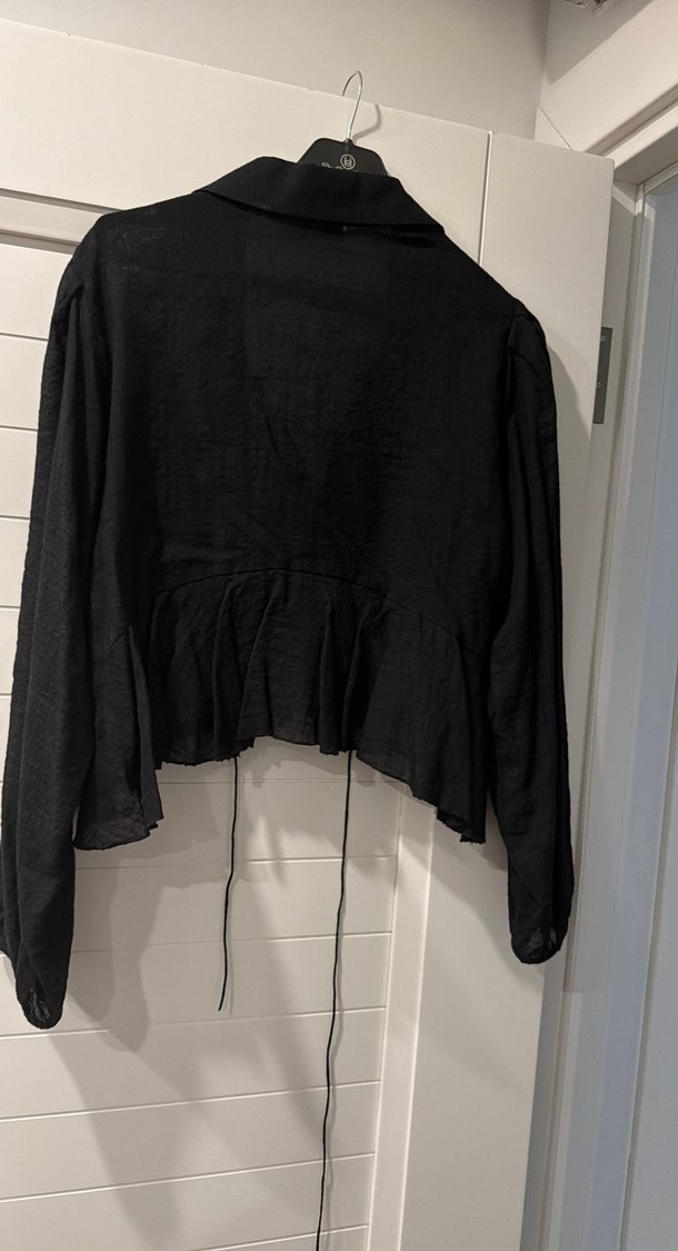 Siyah keten Kadın Bluz, önden bağcıklı, uzun kollu - Görsel 2