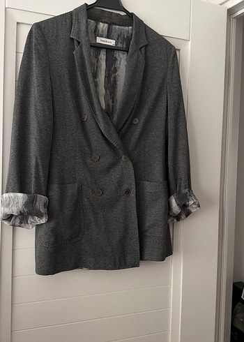 Kadın Gri Düğmeli yün, ipek astarlı Blazer Ceket - Görsel 3