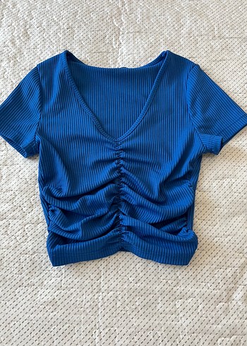 V Yaka Kısa Kollu Mavi Crop Top