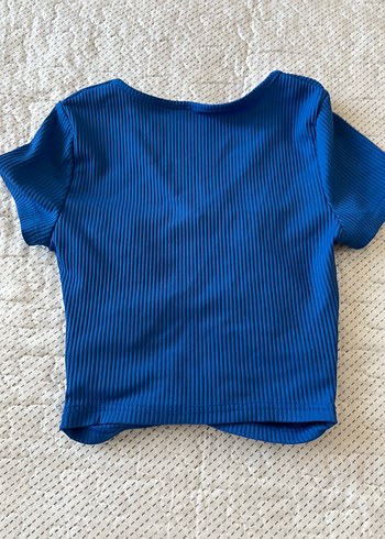 s Beden V Yaka Kısa Kollu Mavi Crop Top