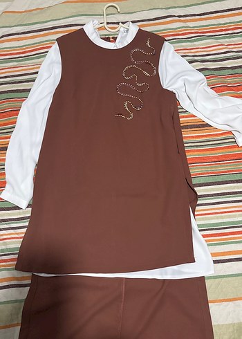 Uzun Kollu Kahverengi Yılan Desenli Tunik 3 lü takım
