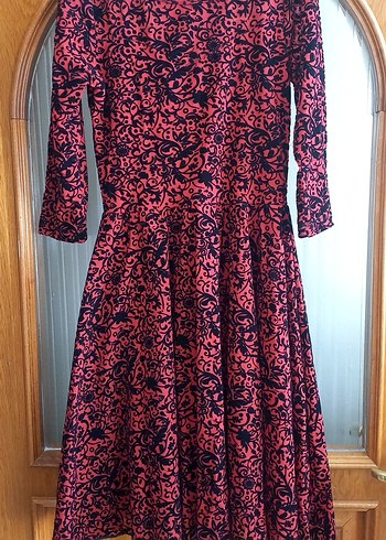 Bordo Vintage Desenli Uzun Kollu Elbise